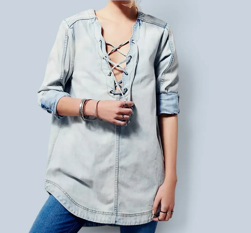 FREE PEOPLE Indigo Lace-Up Tunic Denim 100% Cotton - Small